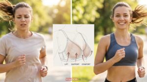 Woman jogging in a t-shirt without a bra compared to wearing a sports bra, showing better support and reduced discomfort during exercise