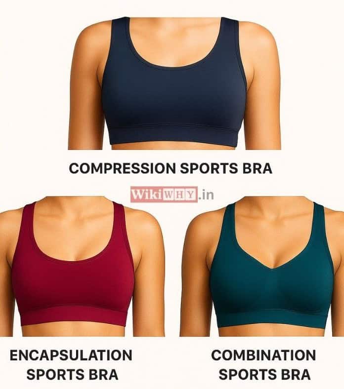 Different types of sports bras including compression, encapsulation, and combination styles for women