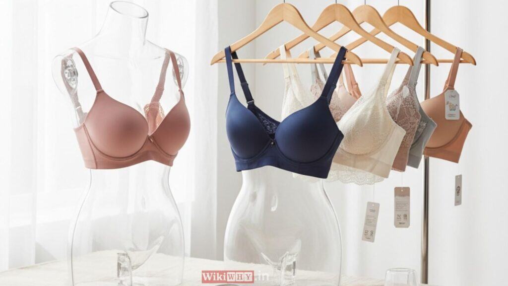 Different types of bras hanging on a rack representing comfort and support for women