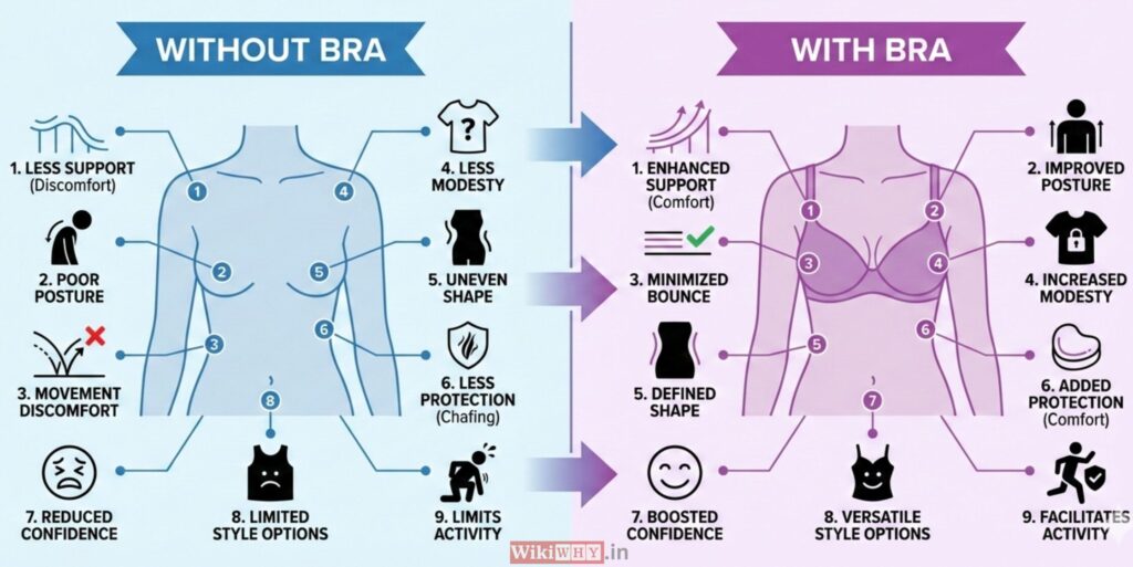 Educational infographic comparing wearing a bra vs not wearing a bra, explaining 9 reasons girls wear bras such as support, posture, reduced discomfort, modesty, protection, confidence, and easier daily movement