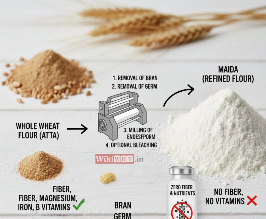 Process of how maida is made by removing bran and germ, showing refined flour with reduced nutrients.