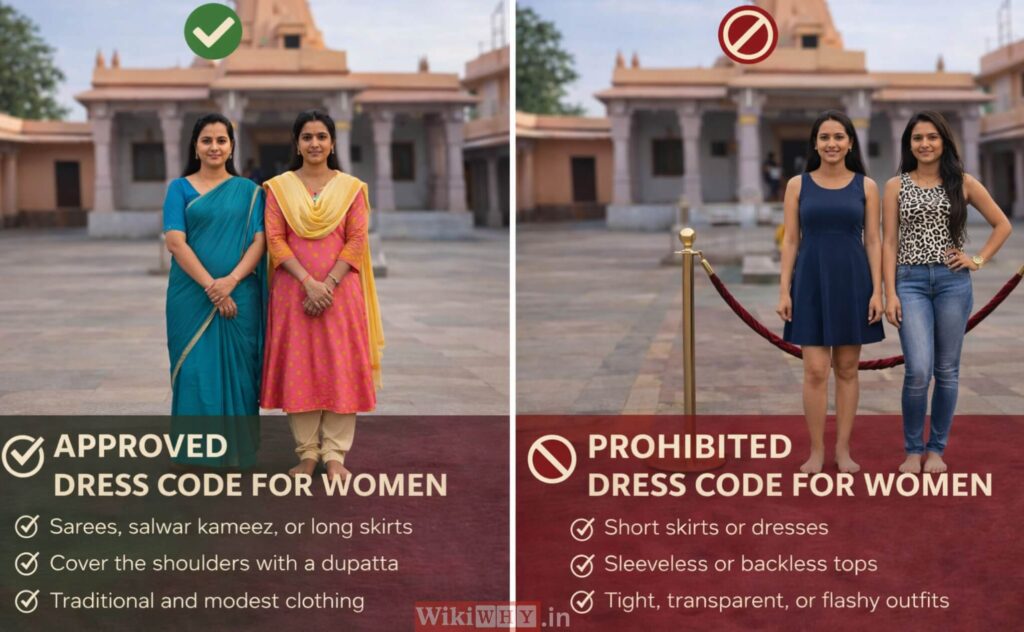 Shani Shingnapur dress code for women showing approved traditional clothing and prohibited outfits inside the temple