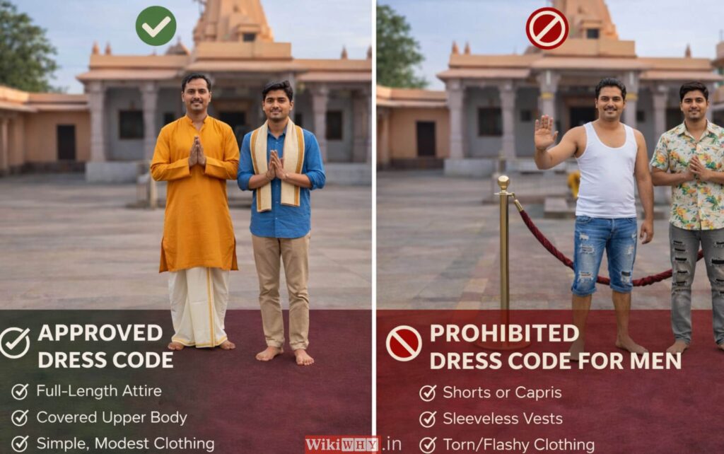 Shani Shingnapur dress code for men showing approved traditional attire and prohibited clothing inside the temple