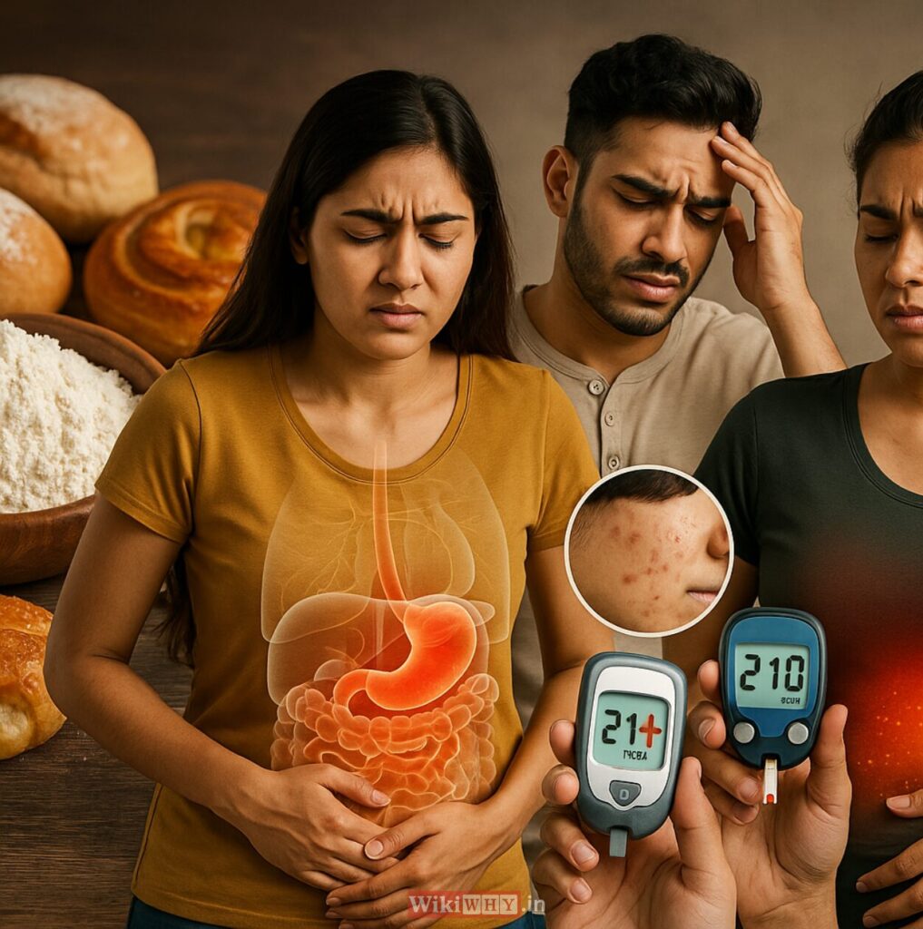 Side effects of eating maida shown through digestive issues, high blood sugar, bloating, acne, and inflammation in adults.