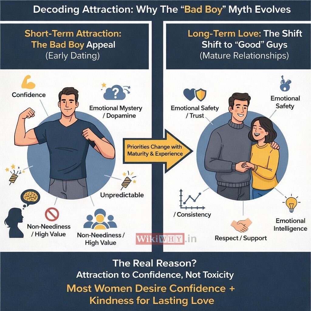 Infographic explaining why girls like bad boys, showing short-term attraction to confidence and mystery and long-term preference for emotional safety