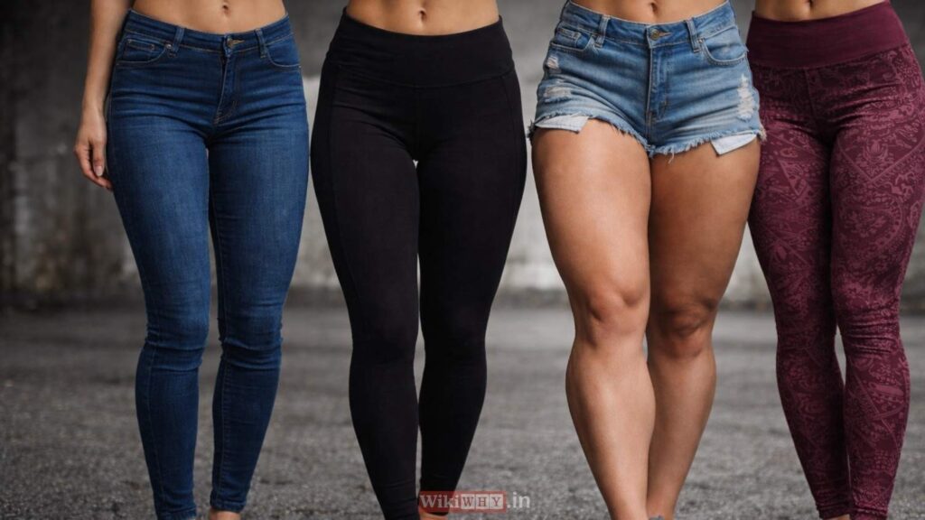 Different body types shown through women standing side by side, focusing on thick thighs and natural proportions