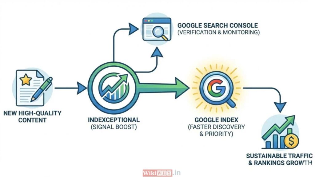 Diagram showing how Indexceptional improves Google indexing for websites using crawl signals and Search Console verification