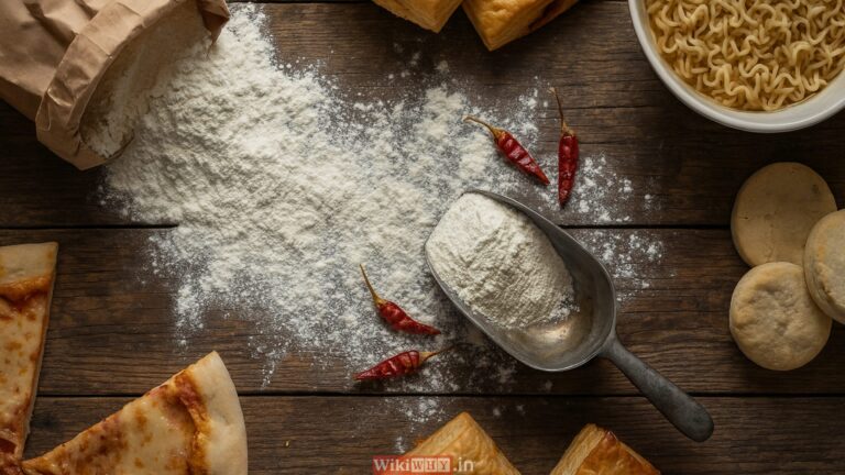 A top view of refined flour (maida) scattered on a wooden surface with pizza, noodles and bakery items showing unhealthy processed foods.