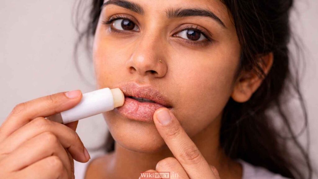 Indian woman applying lip balm on dry and chapped lips